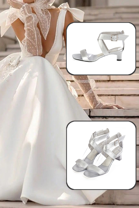 Women's silver elegant fully open cross straps sandals. Square toe. Low kitten heels - Top view